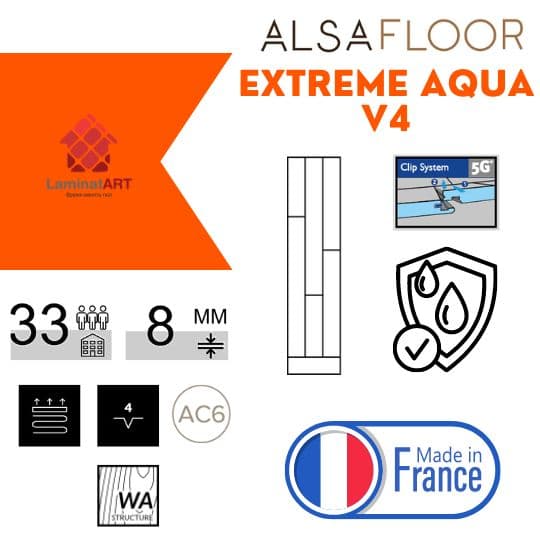Характеристики Alsafloor Extreme Aqua V4 Купити ламінат у Києві, французький ламінат, Alsafloor Extreme Aqua V4, недорого, з доставкою, водостійкий ламінат, під теплу підлогу, 8 мм, ламінат Alsafloor офіційний сайт, ламінат Alsafloor купити, Alsafloor ламінат офіційний, ламінат Франція Alsafloor, ламінат Alsafloor, водостійка підлога Альсафлор, купити Альсафлор Київ, Альсафлор купити Київ, 33 клас ламінат