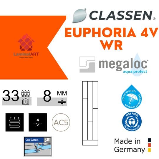 Характеристики Classen Euphoria 4V WR Купити ламінат у Києві, Німецький ламінат, Classen Euphoria 4V WR, недорого, з доставкою, вологостійкий ламінат, під теплу підлогу, 8 мм, ламінат Classen офіційний сайт, ламінат Classen купити, Classen ламінат офіційний, ламінат Німеччина Classen, ламінат Classen, водостійка підлога Классен, купити Класен Київ, Класен купити Київ