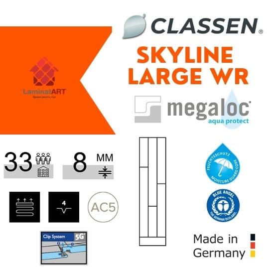 Характеристики Classen Skyline Large WR Купити ламінат у Києві, Німецький ламінат, Classen Skyline Large WR, недорого, з доставкою, вологостійкий ламінат, під теплу підлогу, 8 мм, ламінат Classen офіційний сайт, ламінат Classen купити, Classen ламінат офіційний, ламінат Німеччина Classen, ламінат Classen, водостійка підлога Классен, купити Класен Київ, Класен купити Київ, 33 клас ламінат