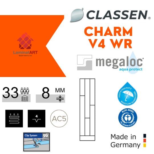 Характеристики Classen Charm V4 WR Купити ламінат у Києві, Німецький ламінат, Classen Charm V4 WR, недорого, з доставкою, вологостійкий ламінат, під теплу підлогу, 8 мм, ламінат Classen офіційний сайт, ламінат Classen купити, Classen ламінат офіційний, ламінат Німеччина Classen, ламінат Classen, водостійка підлога Классен, купити Класен Київ, Класен купити Київ, 33 клас ламінат