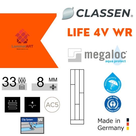Характеристики Classen Life 4V WR Купити ламінат у Києві, Німецький ламінат, Classen Life 4V WR, недорого, з доставкою, вологостійкий ламінат, під теплу підлогу, 8 мм, ламінат Classen офіційний сайт, ламінат Classen купити, Classen ламінат офіційний, ламінат Німеччина Classen, ламінат Classen, водостійка підлога Классен, купити Класен Київ, Класен купити Київ, 33 клас ламінат