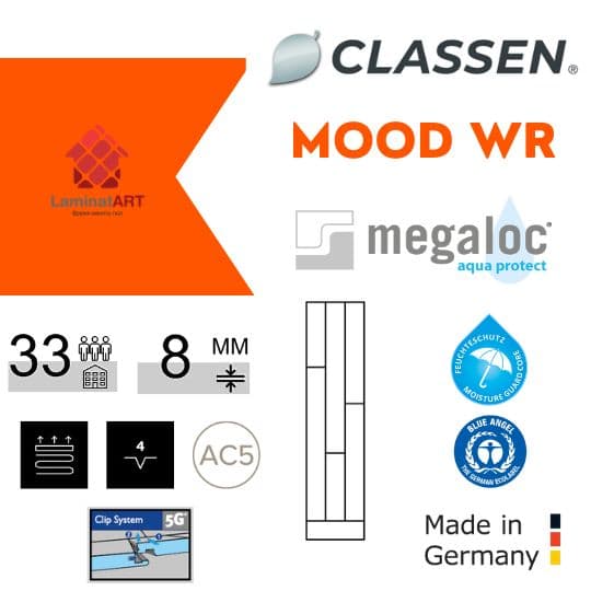 Характеристики Classen Mood WR Купити ламінат у Києві, Німецький ламінат, Classen Mood WR, недорого, з доставкою, вологостійкий ламінат, під теплу підлогу, 8 мм, ламінат Classen офіційний сайт, ламінат Classen купити, Classen ламінат офіційний, ламінат Німеччина Classen, ламінат Classen, водостійка підлога Классен, купити Класен Київ, Класен купити Київ, 33 клас ламінат