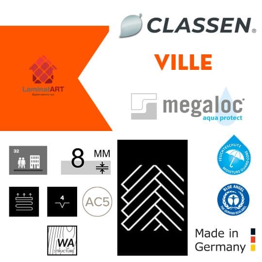 Характеристики Classen Ville Купити ламінат у Києві, Німецький ламінат, Classen Ville, недорого, з доставкою, вологостійкий ламінат, під теплу підлогу, 8 мм, ламінат Classen офіційний сайт, ламінат Classen купити, Classen ламінат офіційний, ламінат Німеччина Classen, ламінат Classen, водостійка підлога Классен, купити Класен Київ, Класен купити Київ, 32 клас ламінат, ламінат ялинкою