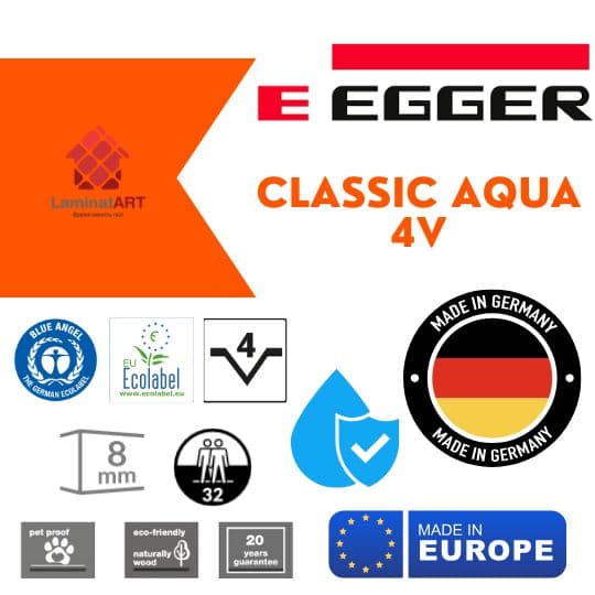 Характеристики Egger Classic Aqua 4V Купити ламінат у Києві, Німецький ламінат, Egger Classic Aqua 4V, недорого, з доставкою, вологостійкий ламінат, під теплу підлогу, ламінат Egger офіційний сайт, ламінат Egger купити, Egger ламінат офіційний, ламінат Німеччина Egger, ламінат Egger, водостійка підлога Егер, купити Егер Київ, Егер купити Київ, 32 клас ламінат, 8 мм товщина, ламінат з фаскою