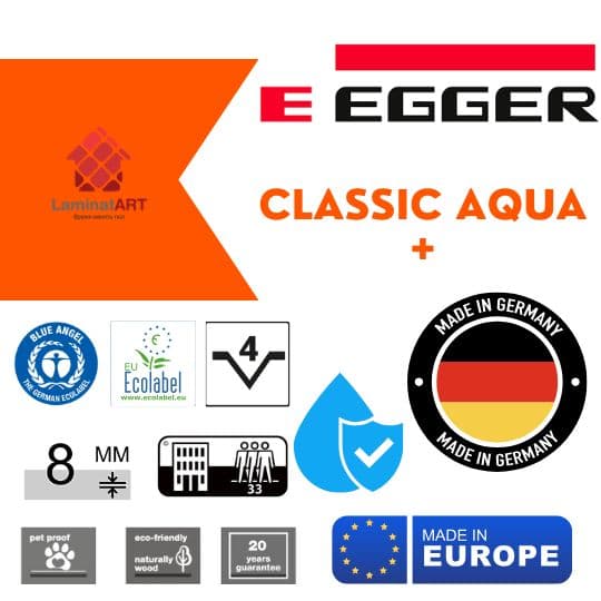 Характеристики Egger Classic Aqua + Купити ламінат у Києві, Німецький ламінат, Egger Classic Aqua +, недорого, з доставкою, водостійкий ламінат, під теплу підлогу, ламінат Egger офіційний сайт, ламінат Egger купити, Egger ламінат офіційний, ламінат Німеччина Egger, ламінат Egger, водостійка підлога Егер, купити Егер Київ, Егер купити Київ, 33 клас ламінат, 8 мм товщина, ламінат з фаскою