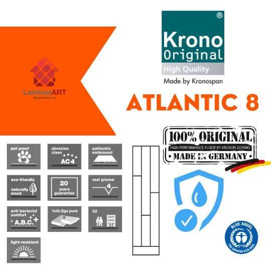 Характеристики Krono Original Atlantic 8 Купити ламінат у Києві, Німецький ламінат, Krono Original Atlantic 8, недорого, з доставкою, вологостійкий ламінат, під теплу підлогу, 8 мм, ламінат Krono Original офіційний сайт, ламінат Krono Original купити, Krono Original ламінат офіційний, ламінат Німеччина Krono Original, ламінат Krono Original, водостійка підлога Кроно Оріджинал, купити Кроно Оріджинал Київ, Кроно Оріджинал купити Київ