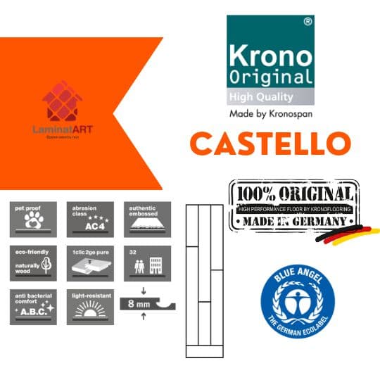 Характеристики Krono Original Castello Купити ламінат у Києві, Німецький ламінат, Krono Original Castello, недорого, з доставкою, вологостійкий ламінат, під теплу підлогу, 8 мм, ламінат Krono Original офіційний сайт, ламінат Krono Original купити, Krono Original ламінат офіційний, ламінат Німеччина Krono Original, ламінат Krono Original, водостійка підлога Кроно Оріджинал, купити Кроно Оріджинал Київ, Кроно Оріджинал купити Київ