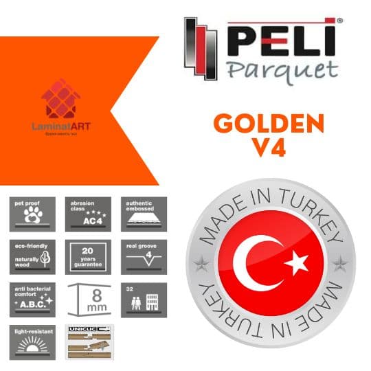 Характеристики Peli Parquet Golden V4 Купити ламінат у Києві, турецький ламінат, Peli Parquet Golden V4, недорого, з доставкою, вологостійкий ламінат, під теплу підлогу, 8 мм, ламінат Peli офіційний сайт, ламінат Peli купити, Peli ламінат офіційний, ламінат Туреччина Peli, ламінат Peli, вологостійка підлога Пелі, купити Пелі Київ, Пелі купити Київ, 32 клас ламінат